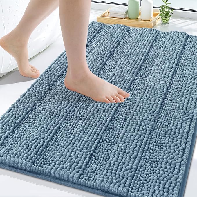 Grandaily Chenille Striped Bathroom Rugs 44x32, Extra Thick and Soft Absorbent Bath Mats, Rubber Backing, Plush Shaggy Shower Carpet, Machine Wash Dry, Bath Rug for Bathroom, Airy Blue