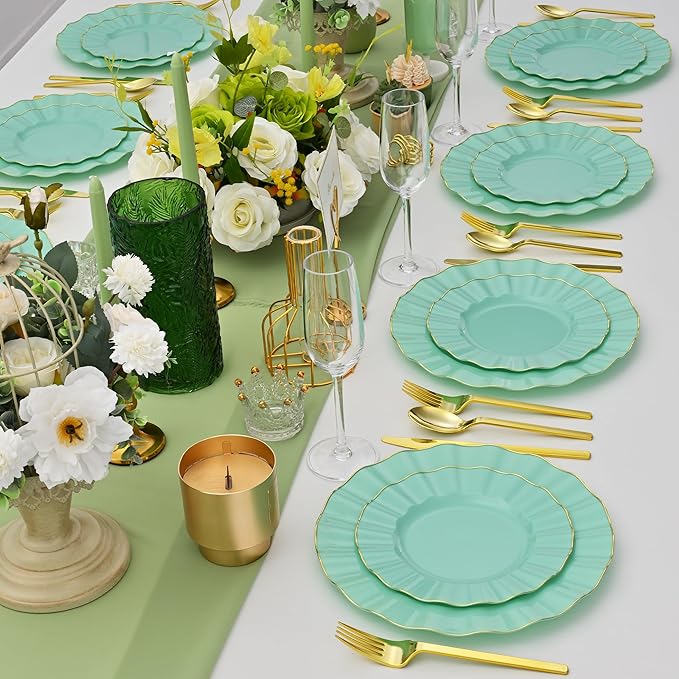 60Pcs Sage Green Plastic Plates, Ware Sage Green Disposable Plates with Gold Rim, Fancy Plastic Plate Include 30 Dinner & Dessert Plate for Easter Spring Wedding