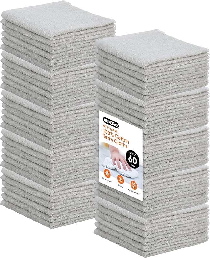 Superio Cotton Terry Washcloths Grey Towels 100% Cotton Cleaning Cloth Rags Wash Clothes for Body and Face, Spa Towels, Multi Purpose (12"x12"), 60 Pack