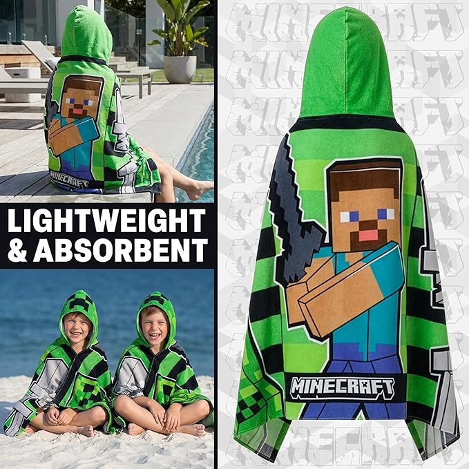 Minecraft Towelling Poncho Kids Teens Hooded Bath Towels Absorbent Beach Towel (Green/Black, 6-14 Years)