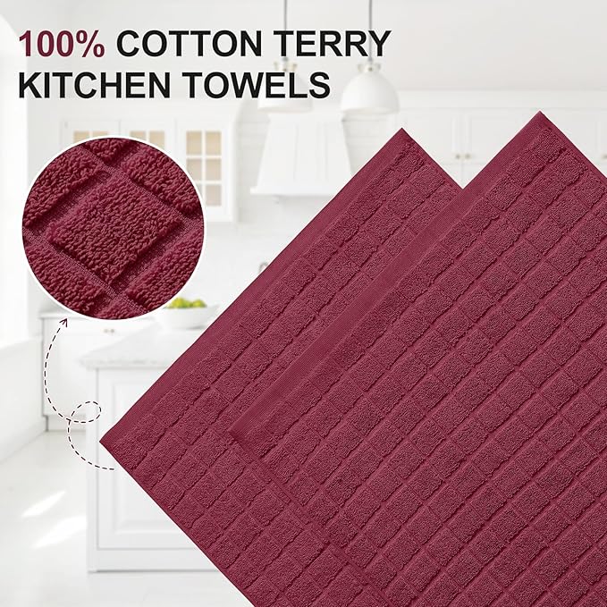 Homaxy Premium Cotton Kitchen Towels 16"x 28", Large Natural Ring Spun 390 GSM Dish Towels, Super Absorbent Terry Kitchen Hand Towels, Soft Tea Towels with Hanging Loop, Pure Red Design, 6 Pack