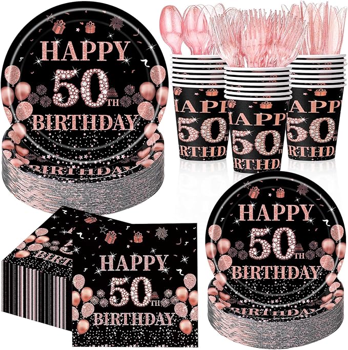 Pickmesh 400 Pcs 50th Birthday Decorations for Women, Includes 50th Birthday Plates, Napkins, Cups, and Cutlery for Party Favors, Cheer to 50 Year for Her, Serves 50 Guests