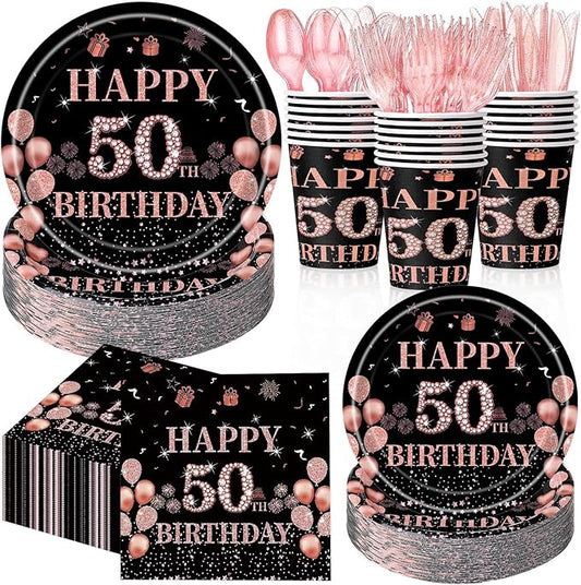 Pickmesh 400 Pcs 50th Birthday Decorations for Women, Includes 50th Birthday Plates, Napkins, Cups, and Cutlery for Party Favors, Cheer to 50 Year for Her, Serves 50 Guests