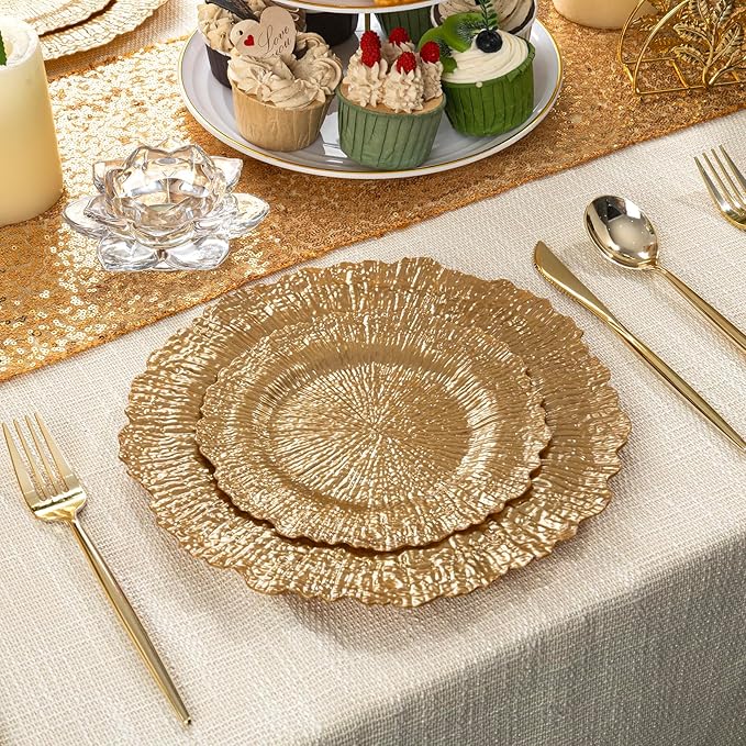 DaYammi 60Pcs Gold Plastic Plates-Elegant Gold Plates Disposable & Reusable-Heavy Duty Plastic Plates for Party Including 30 Dinner Plate, 30 Dessert Plate for Weddings,Dinner Parties