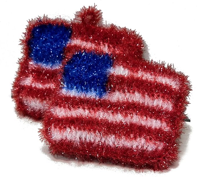 100% Handmade Dish Scrubber White/Red/Blue Design Dishwash Scrubby (Limited Edition) 3Qty (Flag (1qty))