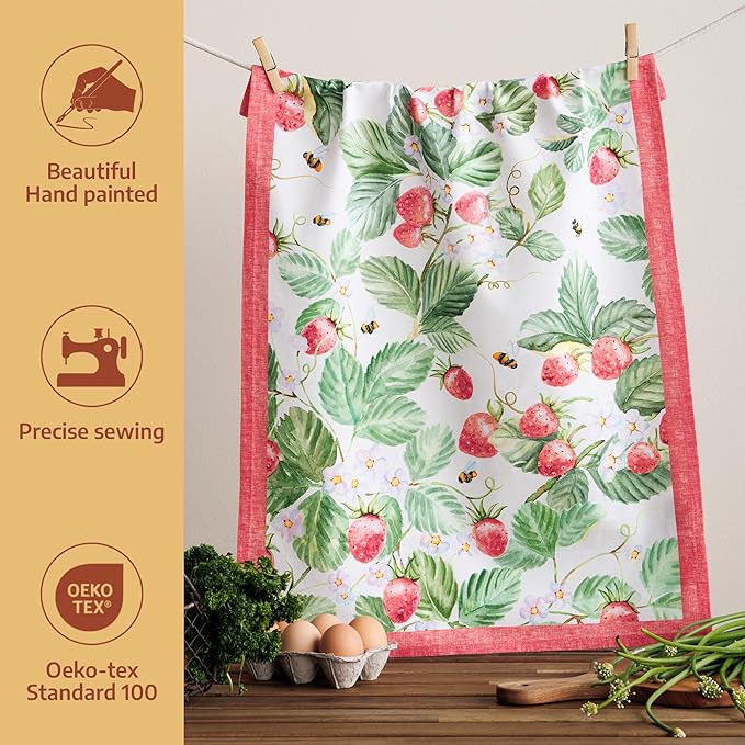 Maison d'Hermine Kitchen Towels Set of 2 100% Cotton 27.50" x 20" Reusable Cloth Tea Dish Towels Absorbent with Hanging Loop for Kitchen, Home, Dining, Cocktail Parties (Strawberry Summer)