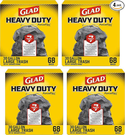 Glad ForceFlex Trash Bags 30 Gallon | Black | LeakGuard Protection | Stretchable Strength | 68 Count, Pack of 4