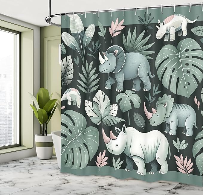 Ambesonne Woodland Shower Curtain, Funny Cartoon Design Exotic Jungle Monstera Leaves Horned Animals Print, Cloth Fabric Bathroom Decor Set with Hooks, 69" W x 84" L, Laurel Green Blush
