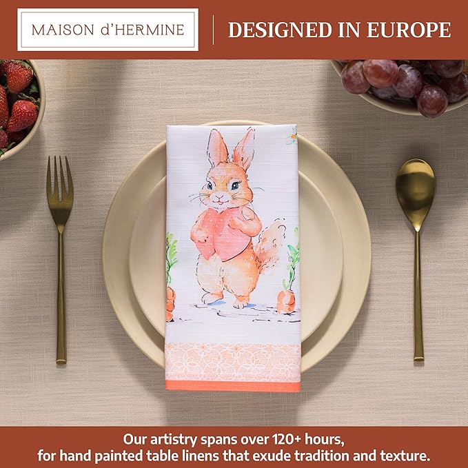 Maison d' Hermine 100% Cotton Cloth Napkins Set of 4 Everyday Reusable Square Napkins Cloth Washable Dinner Party Wedding Restaurant Hotel Kitchen Spring Summer (Bunny Party, 20" x 20")
