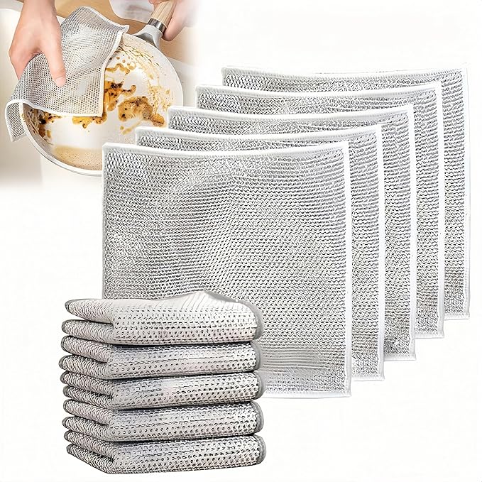 10Pack Double Layer Silver Mesh Stainless Steel Scrubber,Multipurpose Wire Dishwashing Rag,Non-Scratch Wire Dishwashing Rags for Kitchen/Stove/Oven/Bath Wet and Dry Users (Double Layer)