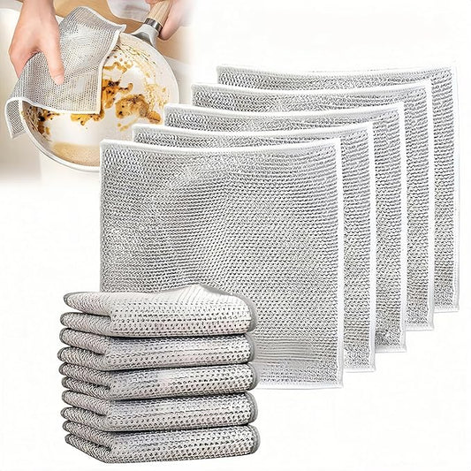 10Pack Double Layer Silver Mesh Stainless Steel Scrubber,Multipurpose Wire Dishwashing Rag,Non-Scratch Wire Dishwashing Rags for Kitchen/Stove/Oven/Bath Wet and Dry Users (Double Layer)