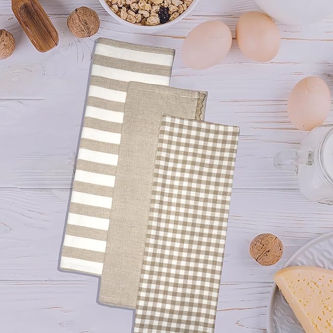 Kitchen Towels or Tea Towels with Hanging Loop | Cotton Flax | 20" X 28" | Set of 3 | Super Absorbent, Quick Drying, Hand Towels for Modern Kitchen Décor | Assort Design