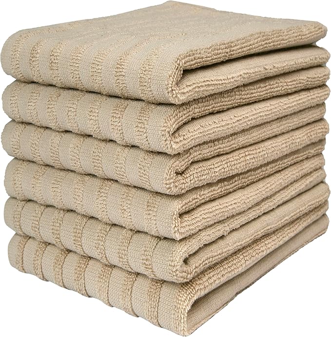 Premium Kitchen Towels (20”x 28”, 6 Pack) | Large Cotton Dish Towels 450 GSM | Highly Absorbent Terry Kitchen Linen Set with Hanging Loop | Tan Solid