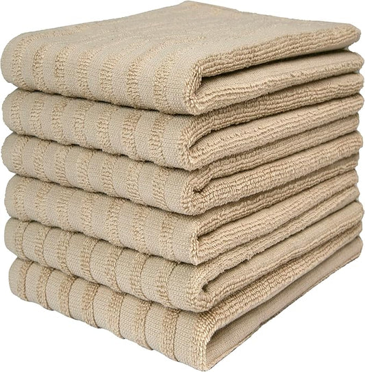 Premium Kitchen Towels (20”x 28”, 6 Pack) | Large Cotton Dish Towels 450 GSM | Highly Absorbent Terry Kitchen Linen Set with Hanging Loop | Tan Solid