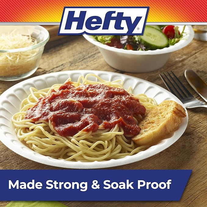 Hefty Everyday Soak Proof Disposable Foam Plates, 8.9 Inches, 100 Count, Disposable White Plates for Lunch, Salads, and Appetizers, Great for Everyday Use, Easy Cleanup