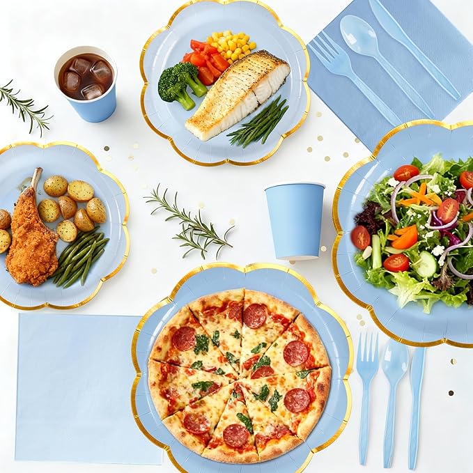 350Pcs Blue Paper Plates and Napkins Party Supplies,Scalloped Party Plates Cups Napkins, Graduation Light Blue Disposable Plates with Gold Rim for Party Birthday Baby Shower Gender Reveal Picnic, 50