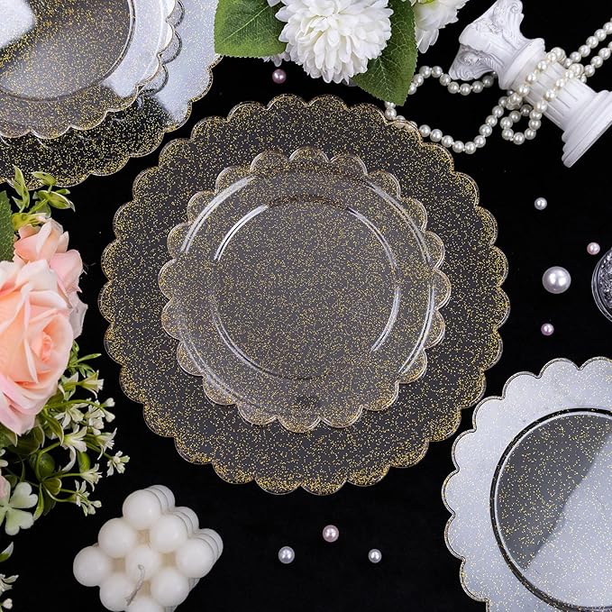 LIYH 60 Pcs Gold Glitter Plastic Scalloped Plates - Disposable Heavyduty Combo Plastic Plates Dishes Included 30 Dinner Plate 30 Dessert Plate for Weddings Party Birthday