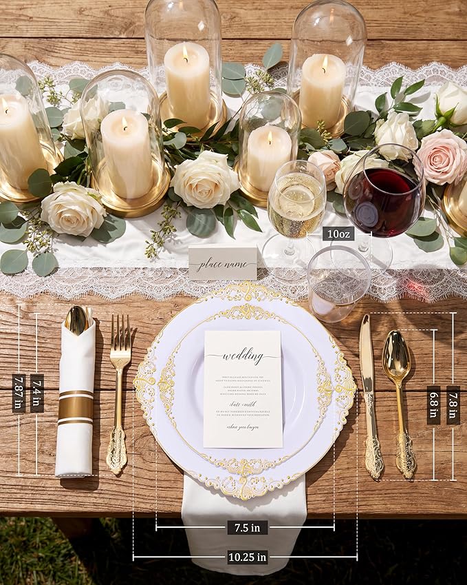 Nervure 350PCS Gold Plastic Plates - Gold Plastic Dinnerware Sets for 50 Guests - 100 Disposable Plates, 150 Silverware, 50 Cups, 50 Napkins for Wedding & Party