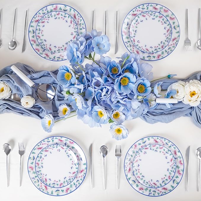 30Pcs Blue Plastic Plates - Butterfly Plates Disposable Heavy Duty, Fancy Floral Pattern Perfect for Weddings, Tea Parties, Holidays - 10.25" Dinner & 7.5" Dessert Plastic Plate