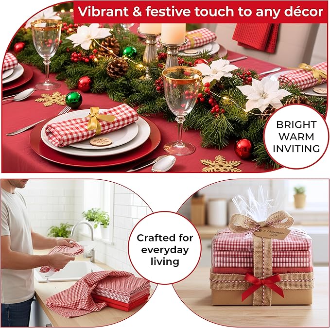 Cotton Dish Towels For Kitchen Drying - Highly Absorbent Red Striped Gingham Plaid Tea Towels - 18"X28" Set Of 6 Farmhouse Linen Dishtowels In Bulk - Pano De Prato Para Cozinha - T Towles Towls
