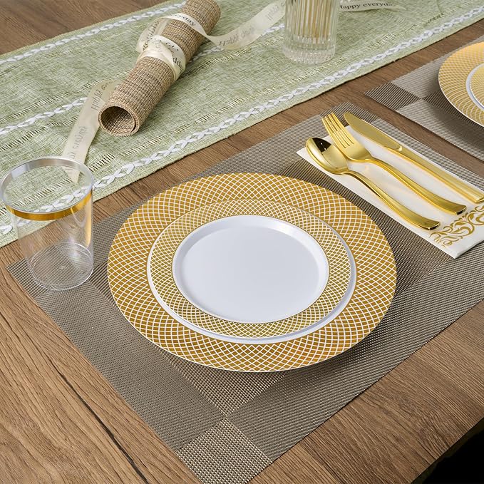 FOCUSLINE Gold Plastic Plates Set of 102, Disposable Plates with Gold Grid Rim 51 Dinner Plates 10" and 51 Salad Dessert Appetizer Plate 7", Elegant Fancy Heavy Duty Wedding Party Plate