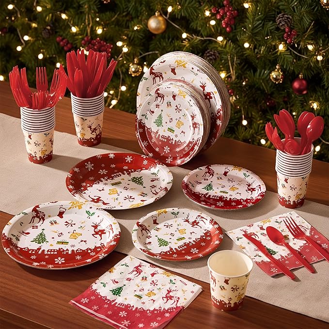 Fijinhom Christmas Paper Plates Set, 350 PCS Elk, Candy cane and Gifts Party Supplies, Disposable Dinnerware Set for 50 Guests, Paper Plates Napkins Cups for Christmas Eve