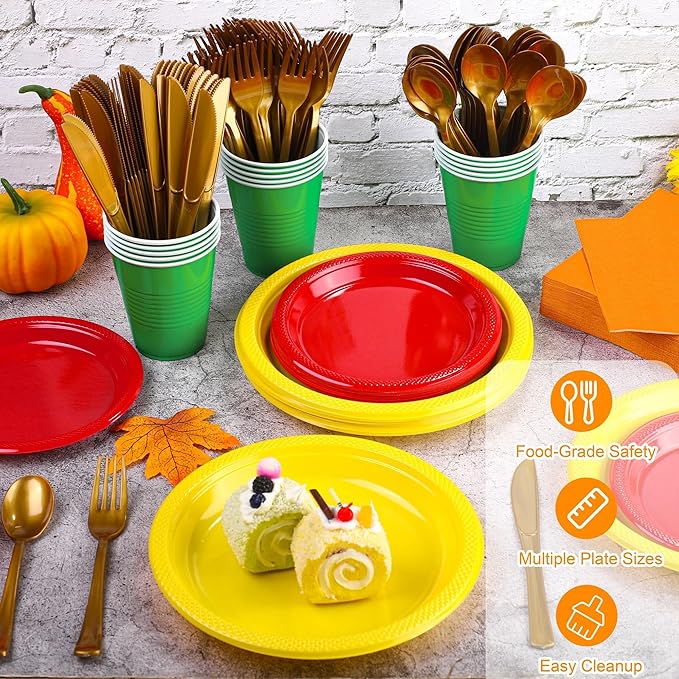 Aodaer 400 Pieces Colorful Dinnerware Set, Disposable Party Supplies Include 7/9 Inch Yellow Red Plastic Plates Green Cups Cutlery Napkins for Rainbow Birthday Party Decor, Serve 50 Guest