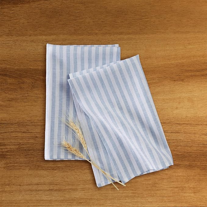 Solino Home Sky Blue and White Linen Kitchen Towels Set of 2-100% Pure Linen 17 x 26 Inch Amalfi Stripe Tea Towels with Hanging Loop - European Flax Kitchen Dish Cloth- Quick Dry & Machine Washable