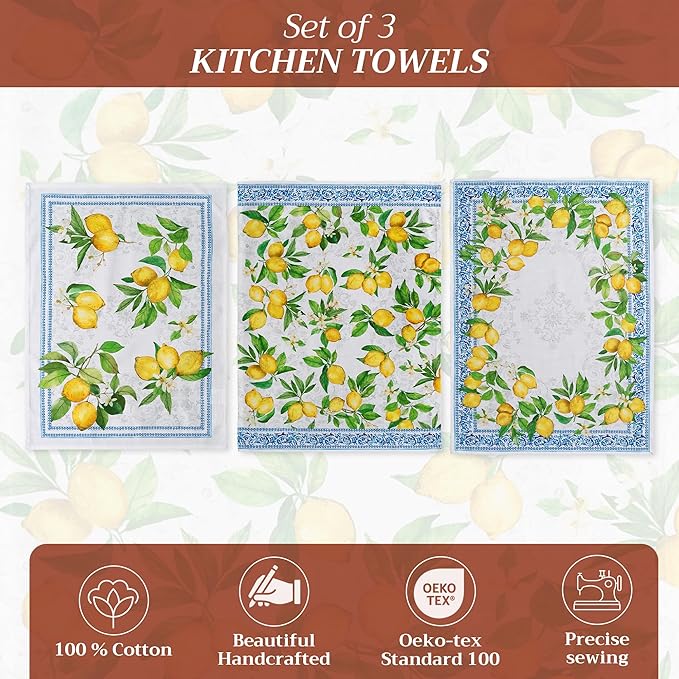Maison d' Hermine Kitchen Towels Set of 3 100% Cotton 27.50" x 20" Reusable Cloth Tea Dish Towels Absorbent with Hanging Loop for Kitchen Farmhouse Hotel Spring Summer - Cedrat