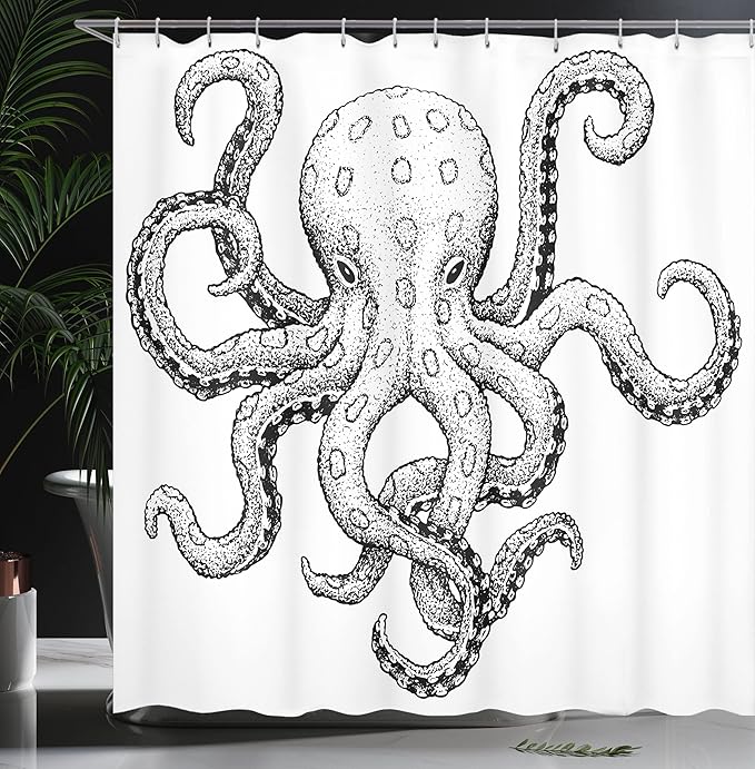 Ambesonne Octopus Shower Curtain, Sketch Style Print of Deadly Blue Ringed Octopus Camouflage Marine Animal Aquatic, Cloth Fabric Bathroom Decor Set with Hooks, 69" W x 84" L, Black Ecru