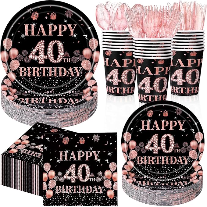 Pickmesh 400 Pcs 40th Birthday Decorations for Women, Includes 40th Birthday Plates, Napkins, Cups, and Cutlery for Party Favors, Cheer to 40 Year for Her, Serves 50 Guests