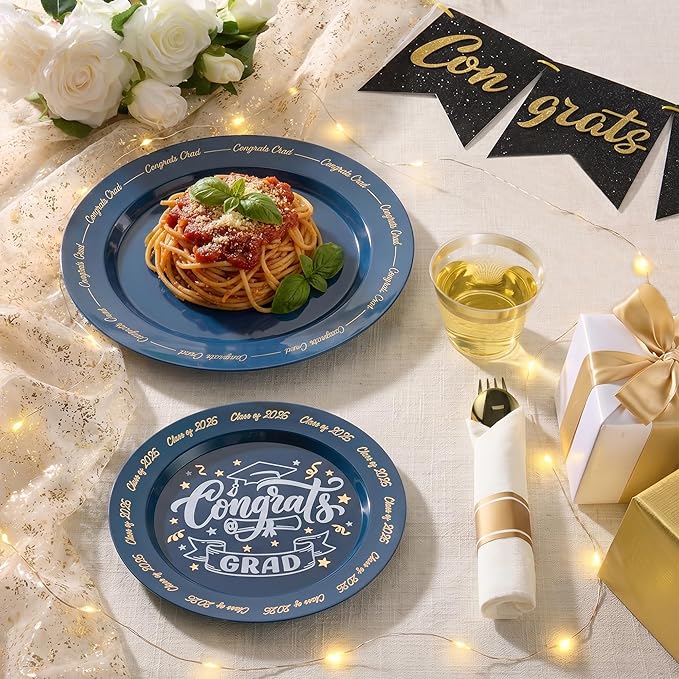 Goodluck 350 Piece Graduation Navy Blue Plastic Dinnerware Set for 50 Guests, Congrats Grad Disposable Plates Include: 50 Dinner Plates, 50 Dessert Plates, 50 Cups, 50 Rolled Napkins with Silverware