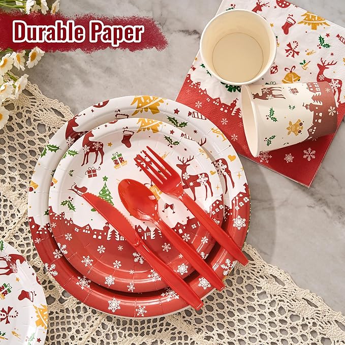 Fijinhom Christmas Paper Plates Set, 350 PCS Elk, Candy cane and Gifts Party Supplies, Disposable Dinnerware Set for 50 Guests, Paper Plates Napkins Cups for Christmas Eve