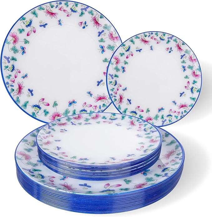 30Pcs Blue Plastic Plates - Butterfly Plates Disposable Heavy Duty, Fancy Floral Pattern Perfect for Weddings, Tea Parties, Holidays - 10.25" Dinner & 7.5" Dessert Plastic Plate