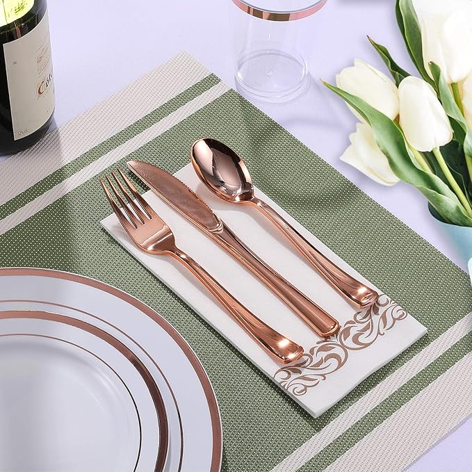FOCUSLINE 175 Count Rose Gold Dinnerware Set for 25 Guests - Rose Gold Rimmed White Disposable Plastic Plates Heavy Duty, Includes 25 Dinner & Salad Plates, Cups, Cutlery Set for Wedding Parties