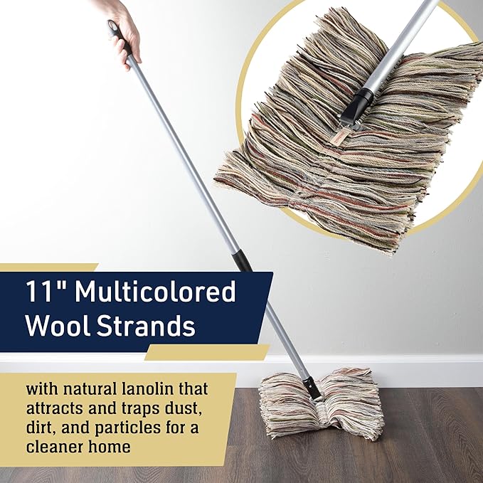 Dust Mop for Hardwood Floors - Extendable Duster Wand with 59” Long Telescoping Handle and Washable Wool Floor Mop Head - Long Dusters for Cleaning - Household Cleaning Tools by Kings County Tools