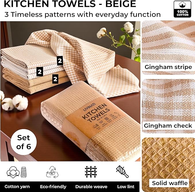 Cotton Dish Towels For Kitchen Drying - Highly Absorbent Beige Striped Gingham Plaid Tea Towels - 18"X28" Set Of 6 Farmhouse Linen Dishtowels In Bulk - Pano De Prato Para Cozinha - T Towles Towls