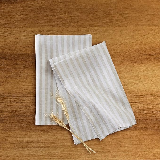 Solino Home Natural and White Linen Kitchen Towels Set of 2-100% Pure Linen 17 x 26 Inch Amalfi Stripe Tea Towels with Hanging Loop - European Flax Kitchen Dish Cloth - Quick Dry & Machine Washable