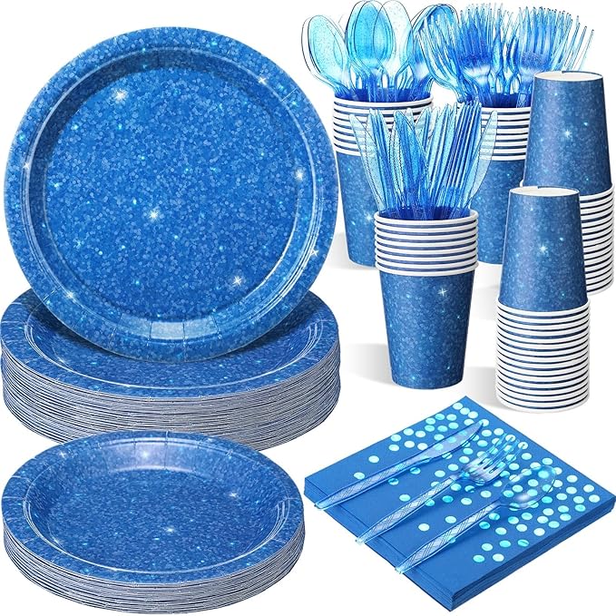Hushee 175 Pcs Dark Blue Holographic Print Party Supplies Guests Disposable Dinnerware Set Include Paper Plates, Napkins, Cups, Plastic Cutlery for Wedding Birthday Disco Bachelorette