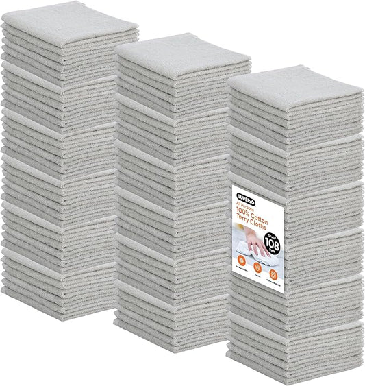 Superio Cotton Terry Washcloths Grey Towels 100% Cotton Cleaning Cloth Rags Wash Clothes for Body and Face, Spa Towels, Multi Purpose (12"x12"), 108 Pack