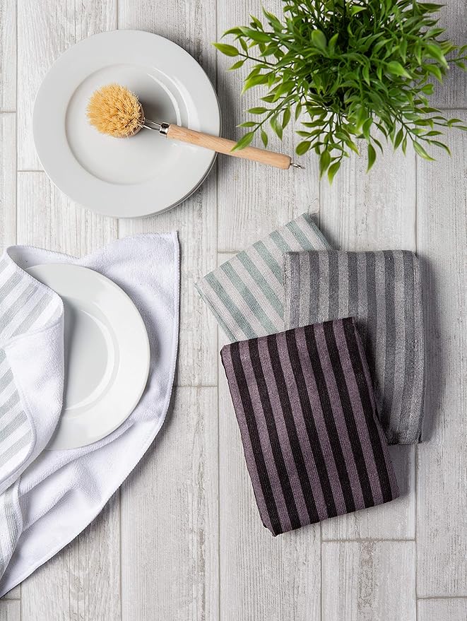 DII Cleaning Collection Multi-Purpose Microfiber, Gray Stripes, Dishtowel Set