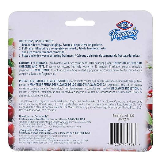 Clorox Fraganzia Small Rooms Air Freshener, Cherry Burst - Peel & Place, No-Plug, Battery-Free for Closets, Laundry Room, Entry Way, Bathroom, Locker, 0.25 Fl Oz Each, 2 Count