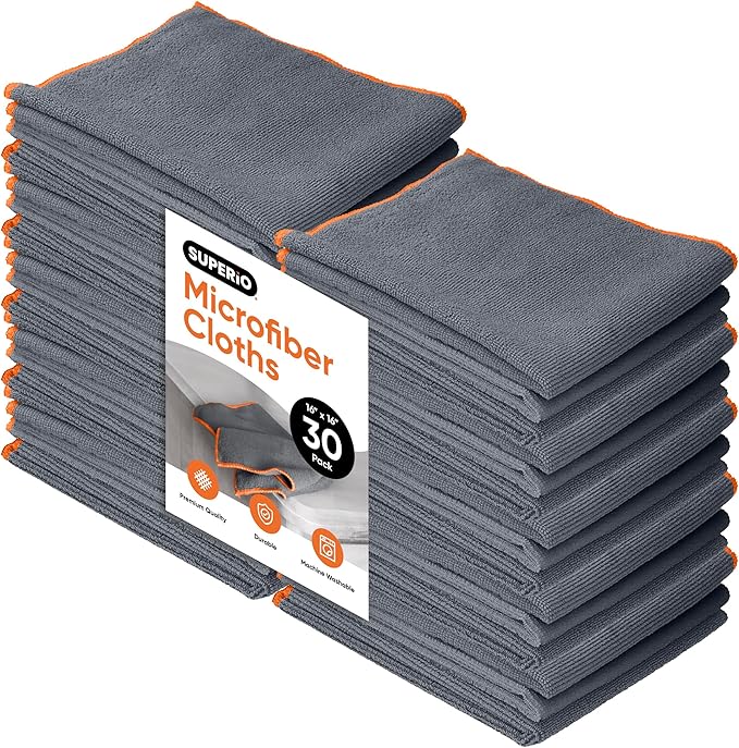 Superio Microfiber Cleaning Cloth for Cars, Kitchen Cleaning Rags for Housekeeping, 16" Micro Fiber Towels for House, Bathroom Absorbent All-Purpose Streak-Free lint-Free Wash Cloths (Grey), 30 Pack