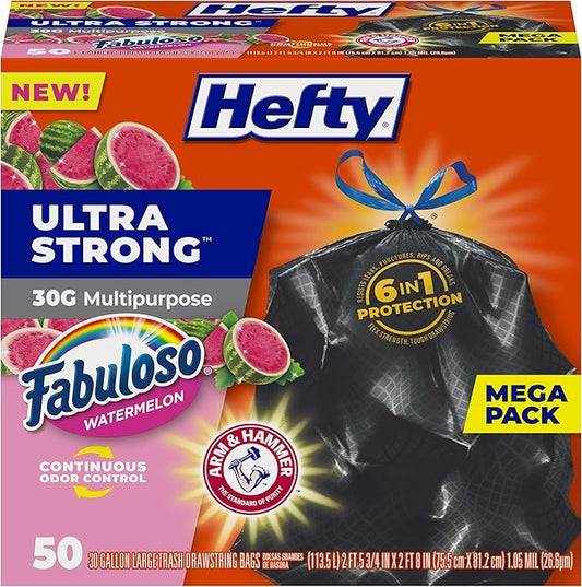 Hefty Ultra Strong 30 Gallon Trash Bags, Large Trash Bags, Multipurpose, Break Resistant Drawstring Closure, Resists Leaks, Punctures, and Tears, Black, Fabuloso Watermelon Scent, 50 Bags