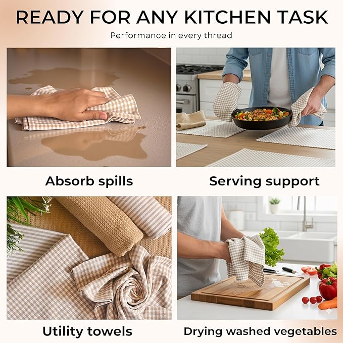 Cotton Dish Towels For Kitchen Drying - Highly Absorbent Beige Striped Gingham Plaid Tea Towels - 18"X28" Set Of 6 Farmhouse Linen Dishtowels In Bulk - Pano De Prato Para Cozinha - T Towles Towls