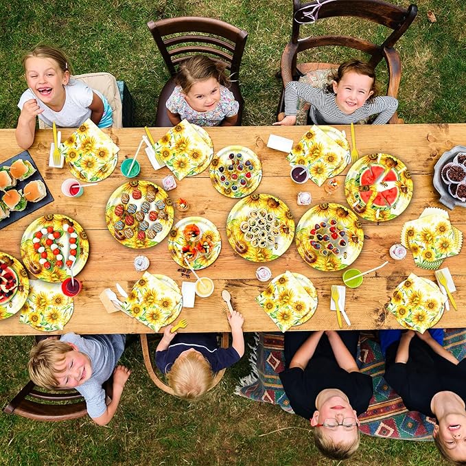 100 Pieces Sunflower Bee Party Tableware Set – Sunflower Plates, Napkins and Forks, Yellow Floral Disposable Dinnerware for Birthday, Baby Shower and Garden Party Supplies