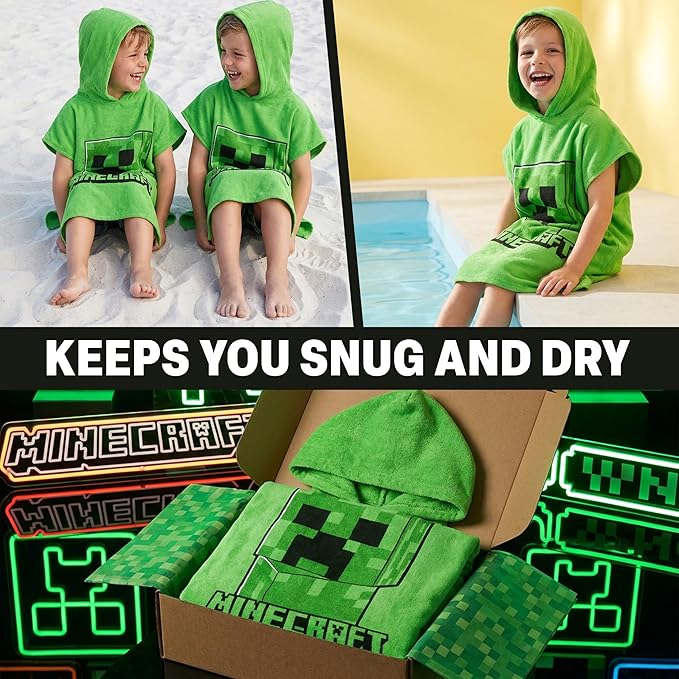 Minecraft Towelling Poncho Kids Teens Hooded Bath Towels Absorbent Beach Towel (Green, 10-13 Years)
