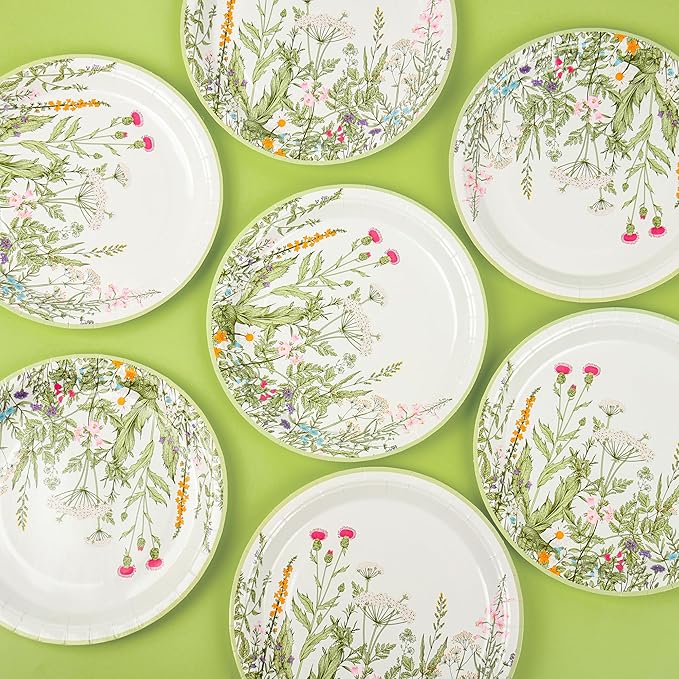 AimFun Wildflower Party Plates 9" Floral Paper Plates Botanical Green Leaves Herbs Disposable Flower Party Supplies Spring Summer Vintage Garden Decorative Dinner Dessert Plates