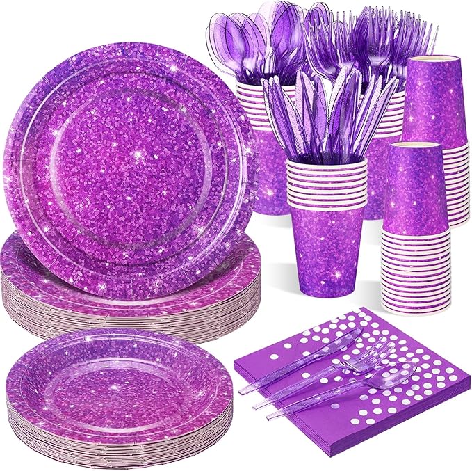 Hushee 175 Pcs Purple Holographic Print Party Supplies Guests Disposable Dinnerware Set Include Paper Plates, Napkins, Cups, Plastic Cutlery for Wedding Birthday Disco Bachelorette