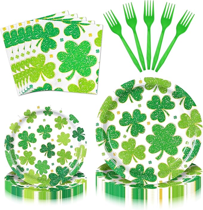 100 Pieces St. Patrick’s Day Party Tableware Set – Shamrock Clover Plates, Napkins and Forks, Green Disposable Dinnerware for Irish Party and Lucky Clover Party Supplies